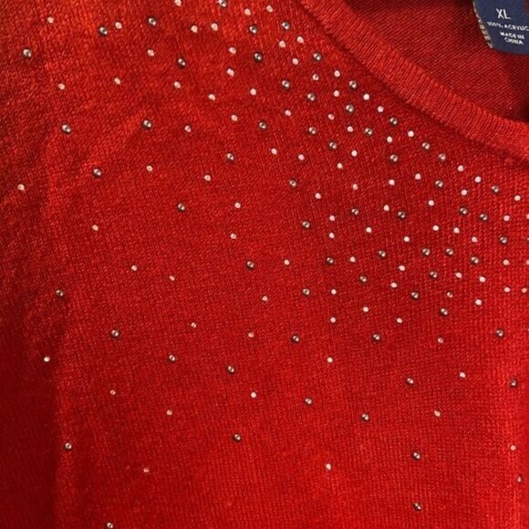 Karen Scott Red V-Neck Rhinestone Embellished Pullover Sweater - Picture 5 of 6